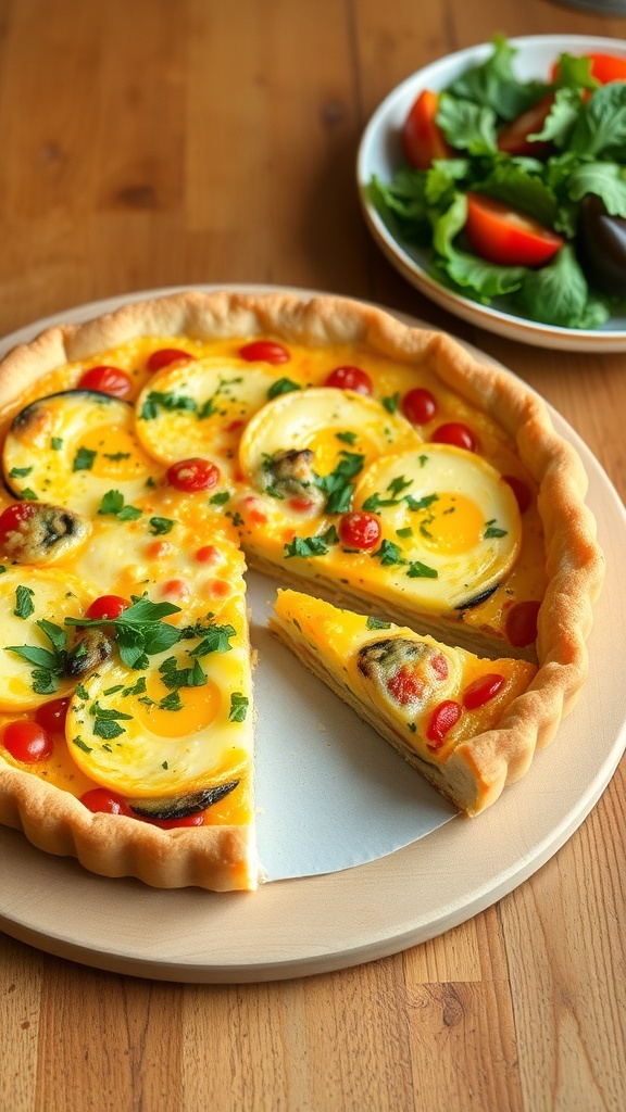 A slice of quiche with a golden crust filled with eggs, cheese, and vegetables on a wooden table with a side salad.